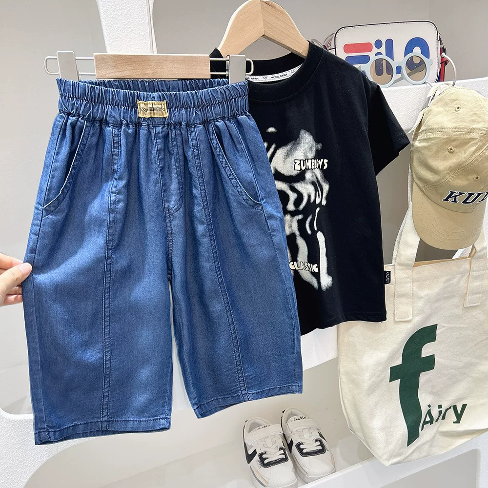 Quần short denim bé trai hè 2025, quần short năm phần chất liệu mỏng, kiểu dáng thường ngày cho trẻ lớn, quần ống rộng thoải mái cho trẻ em, kiểu dáng thời thượng