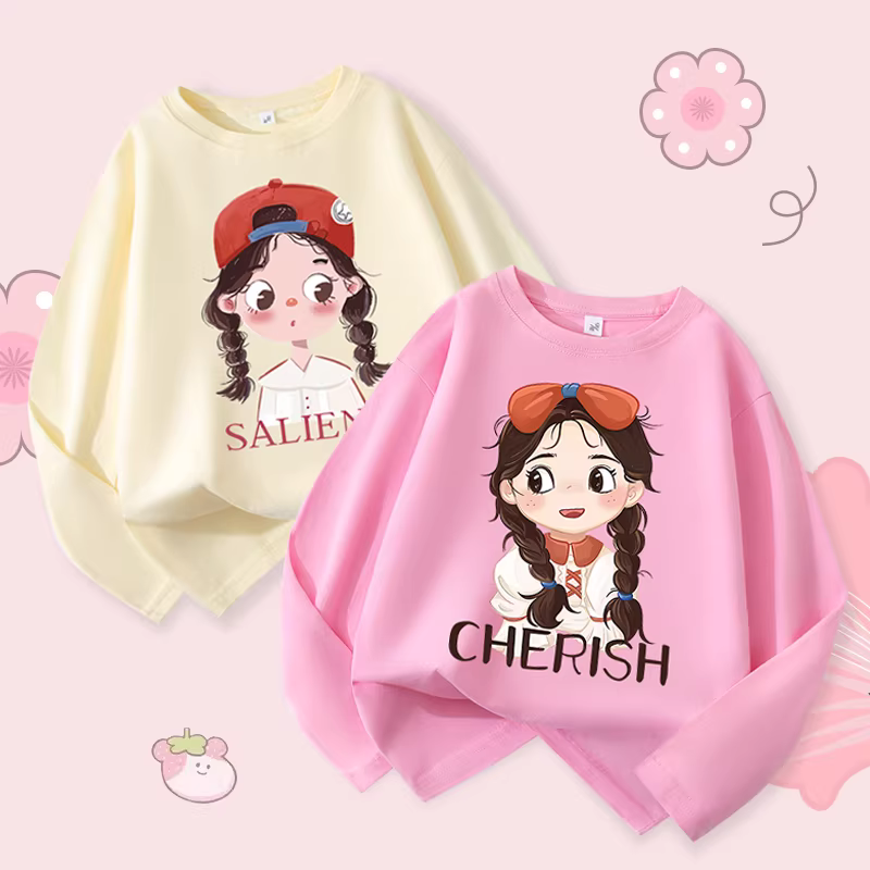 Áo thun dài tay hợp thời trang cho mùa xuân và mùa thu, kiểu dáng mới cho trẻ lớn, áo sơ mi cotton in họa tiết rộng rãi đa năng cho bé gái.