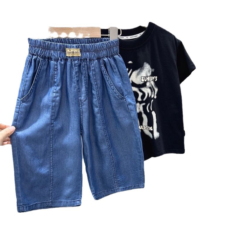 Quần short denim bé trai hè 2025, quần short năm phần chất liệu mỏng, kiểu dáng thường ngày cho trẻ lớn, quần ống rộng thoải mái cho trẻ em, kiểu dáng thời thượng