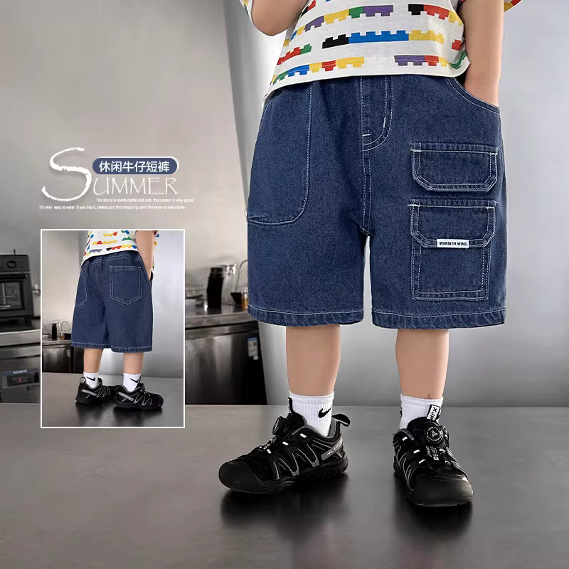 Quần short denim bé trai kiểu mới hè 2025, quần trẻ em thời trang, quần bé mặc thường ngày dài đến đầu gối mùa hè