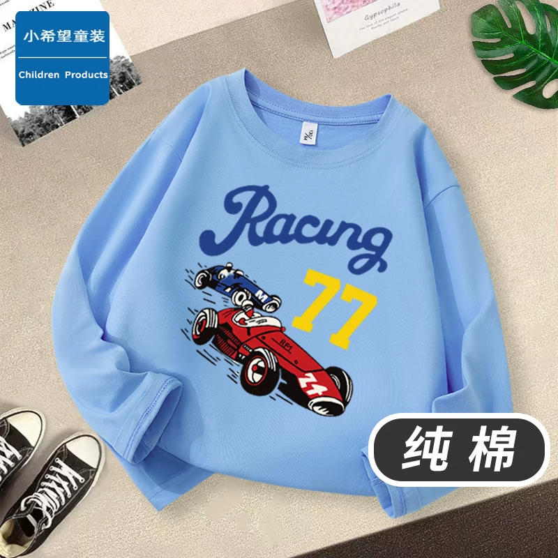 Áo thun dài tay cotton nguyên chất cho trẻ em 2025, áo lót trẻ em mới, áo cổ tròn đa năng cho bé trai lớn tuổi mùa xuân thu.