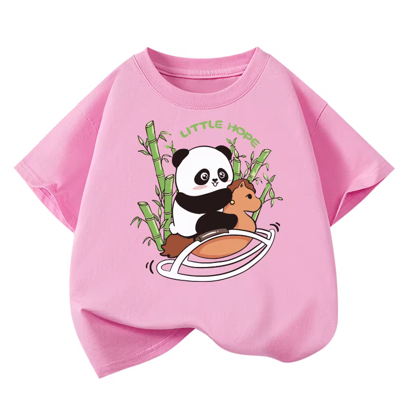 Áo thun ngắn tay trẻ em chất liệu cotton 100% mẫu mới hè 2025 áo bé trai rộng rãi tay lửng áo thun bé gái họa tiết gấu trúc