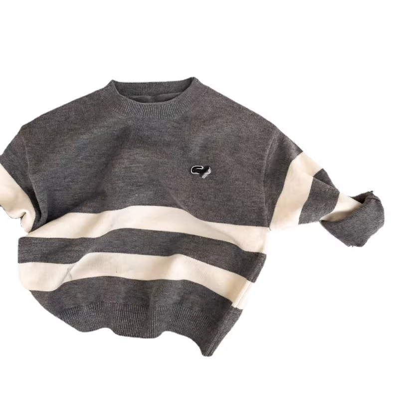 Áo len trẻ em 2025 kiểu Hàn Quốc mẫu xuân đông cho bé trai và bé gái, áo len dệt kim cổ tròn sọc thêu thời trang dài tay hợp thời trang