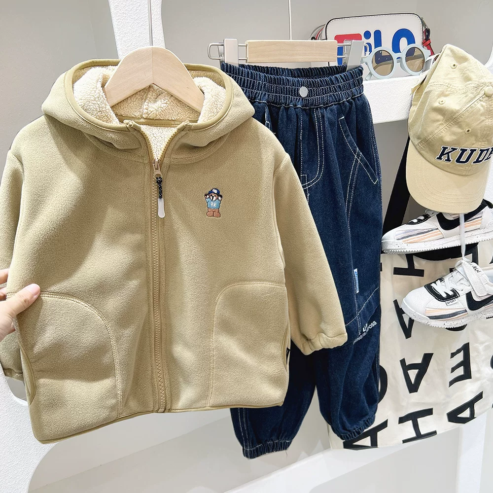 Áo khoác lót lông cừu cho bé trai, quần áo mùa đông bằng len cừu, áo khoác cotton dày cho trẻ em, áo khoác cotton có mũ mùa thu đông, hợp thời trang.