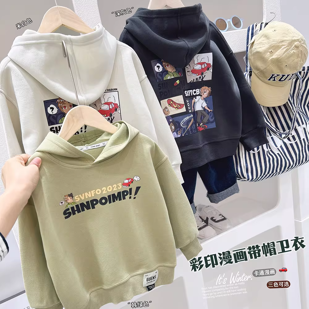 Áo hoodie có mũ trùm đầu cho bé trai, kiểu dáng mới mùa xuân thu, in hình hoạt hình cho trẻ em cỡ vừa và lớn, áo hoodie dáng rộng thời trang.