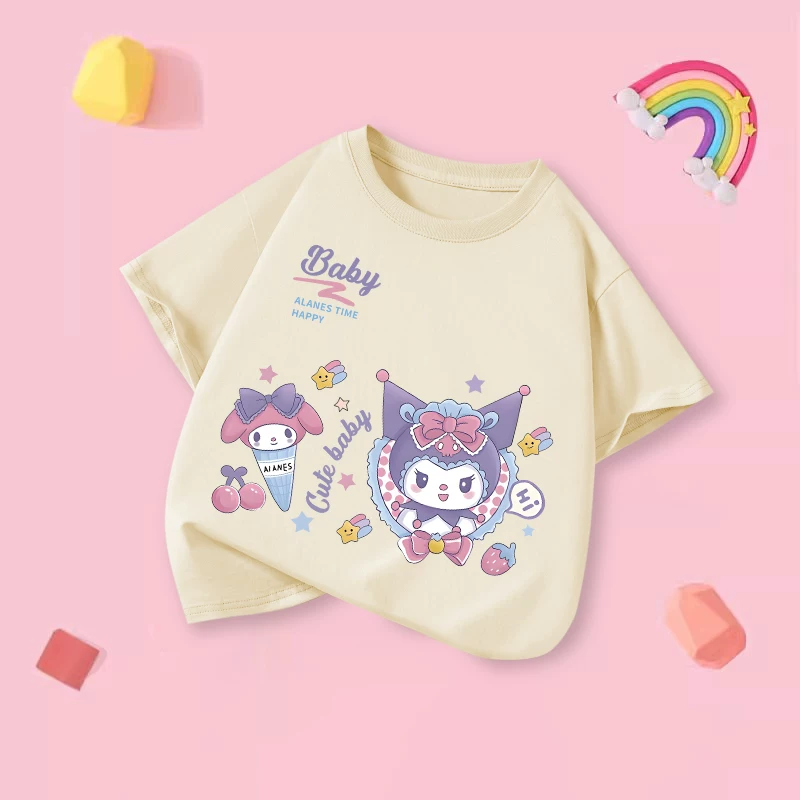 Áo thun Kuromi dành cho bé gái, phong cách mùa hè mới, nửa tay cho bé gái, phong cách dễ thương, cotton nguyên chất, trang phục mùa hè ngắn tay thoáng khí