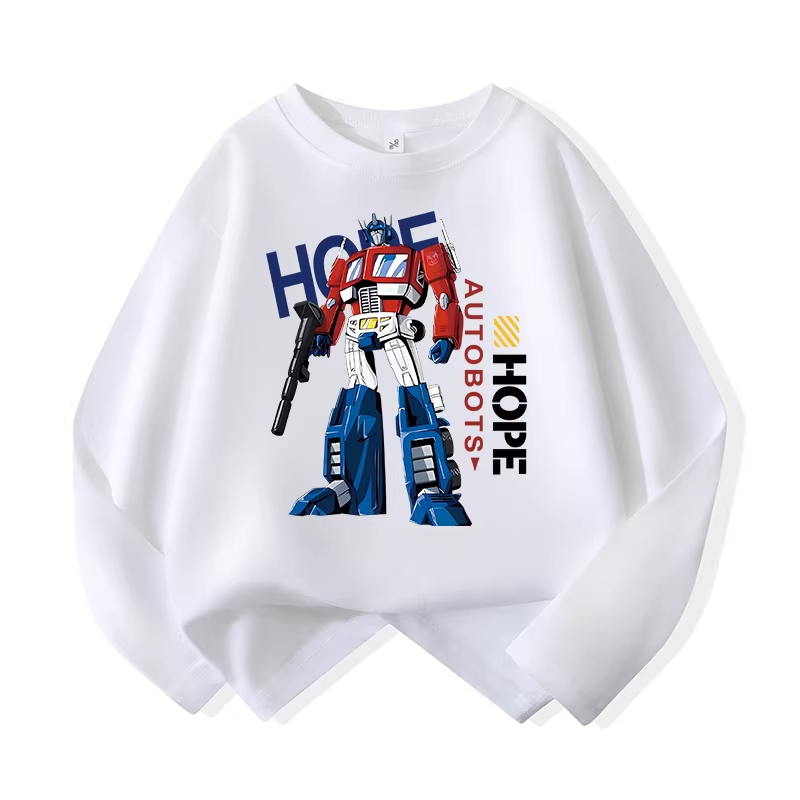 Áo thun dài tay thời trang, chất liệu cotton nguyên chất, phong cách xuân thu, mẫu mới 2025, áo bé trai robot, áo cổ tròn.