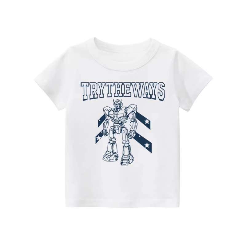Áo thun bé trai chất liệu cotton 100%, tay ngắn, kiểu dáng mỏng nhẹ mùa hè 2025, dành cho trẻ nhỏ, họa tiết robot, kiểu dáng đẹp trai.