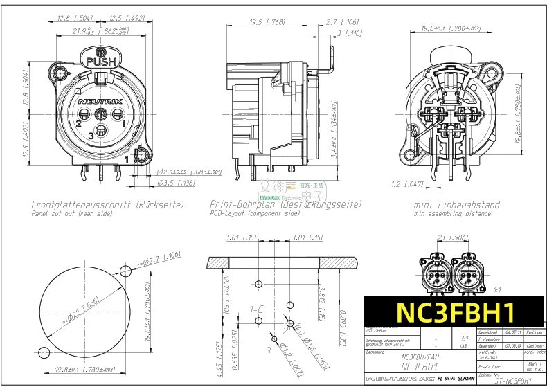 NC3FBH1 Đầu nối XLR ba lõi Neutrik loại cái, mặt bích kim loại H2, lắp đặt PCB ngang cho bộ khuếch đại
