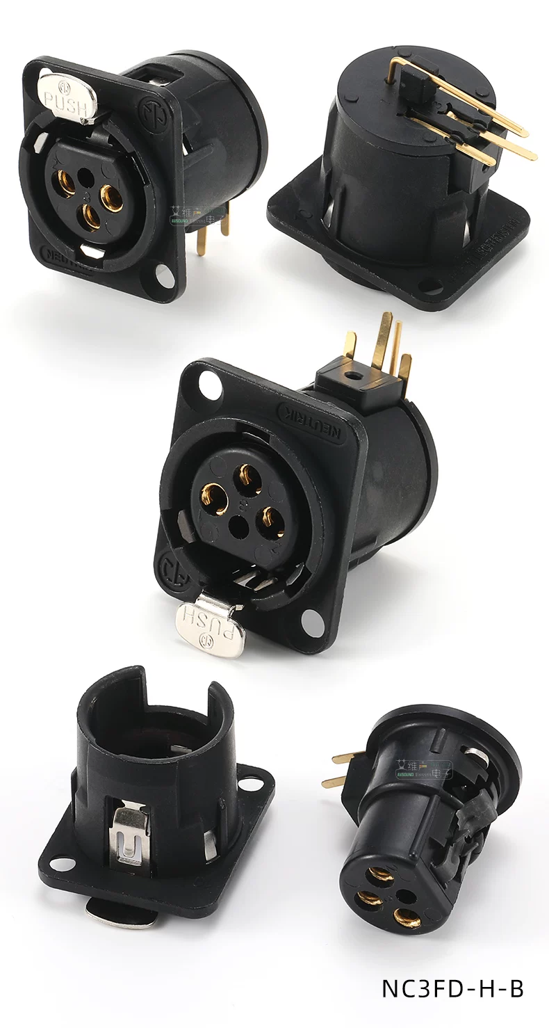 Đầu nối XLR đực và cái NC3FD-H-B loại D Neutrik mạ vàng ba chân góc nghiêng 90 độ, lắp đặt trên PCB, hàn âm thanh