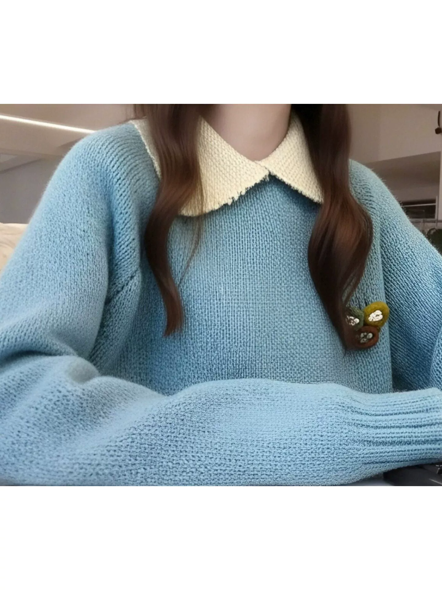 CuteGirl thiết kế áo len cổ búp bê phối màu xanh lam cho nữ áo len chui đầu dài tay mùa đông