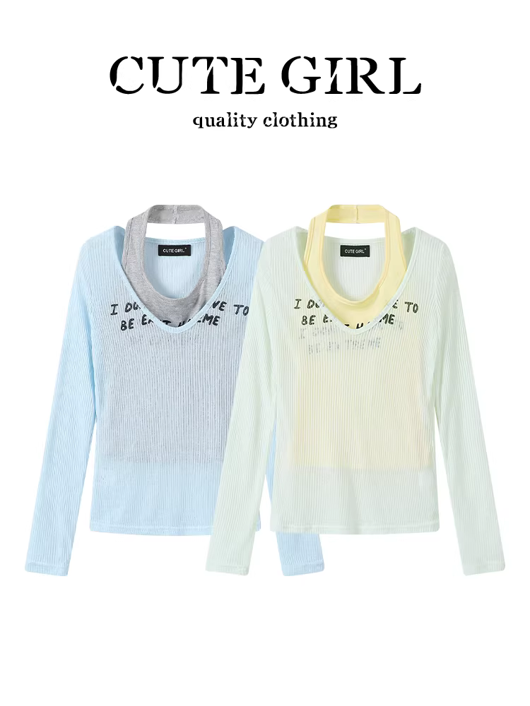 CuteGirl phong cách Hàn Quốc ngọt ngào và cay cay in họa tiết màu vàng áo hai dây cổ chữ V màu xanh lá cây mùa hè áo thun che nắng hai mảnh