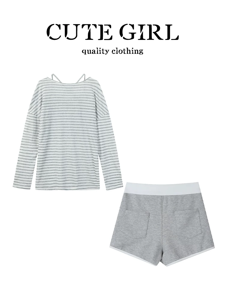 Trang phục mùa hè xinh xắn của CuteGirl dành cho nữ: áo chống nắng cổ tròn sọc, áo phông, quần short phối màu lưng cao bộ ba món