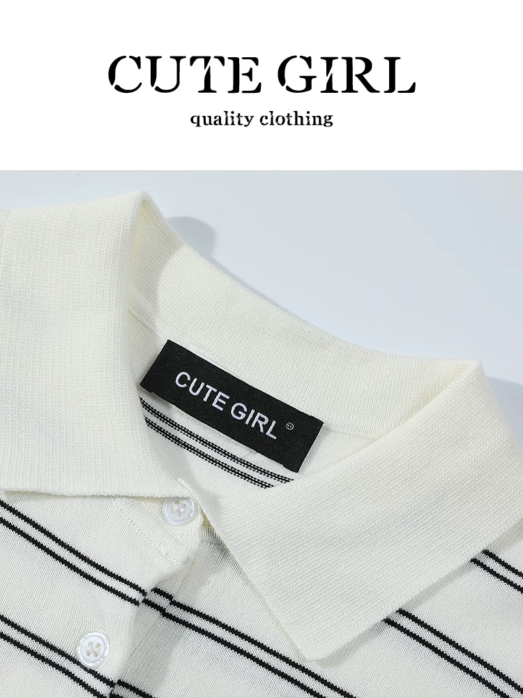 Áo thun ngắn tay cổ polo sọc cổ điển Hàn Quốc CuteGirl dành cho nữ, phong cách mùa hè, dáng rộng, tôn dáng và đa năng
