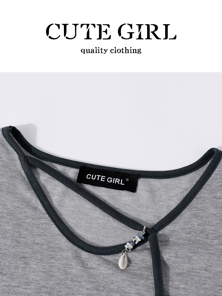Trang phục mùa hè tuyệt đẹp của CuteGirl dành cho nữ: áo thun dài tay màu xám cổ điển và quần short cạp cao, bộ hai mảnh giảm tuổi tác.