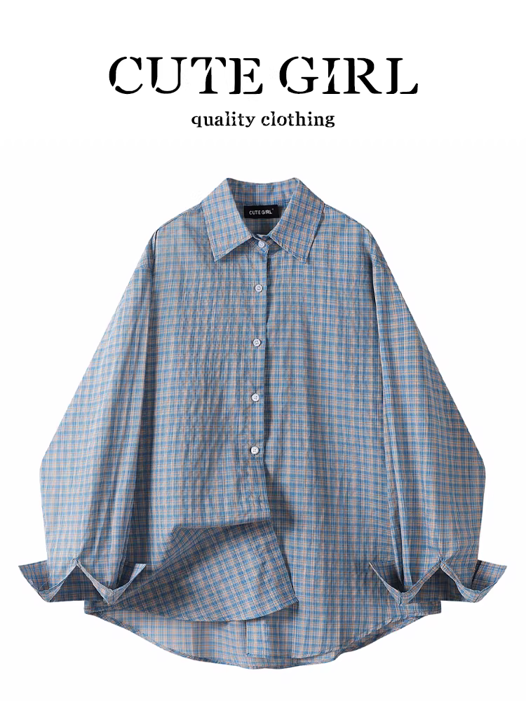 CuteGirl phong cách Hàn Quốc trang phục thích hợp đầu xuân áo sơ mi kẻ sọc xanh dành cho nữ, áo khoác ngoài dáng rộng phong cách lười biếng áo chống nắng