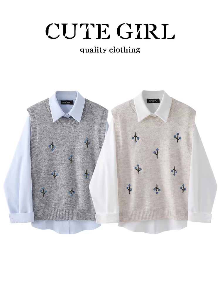 Áo vest dệt kim họa tiết hoa dễ thương dành cho nữ mùa thu với áo sơ mi dài tay màu trắng Bộ hai món