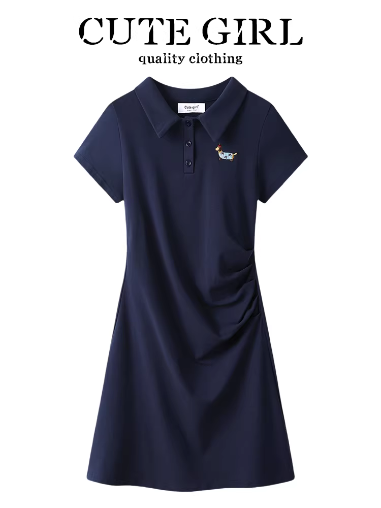CuteGirl Váy cổ polo phong cách học viện thể thao phong cách Hàn Quốc dành cho nữ, váy ngắn thêu thon gọn đa năng mùa hè