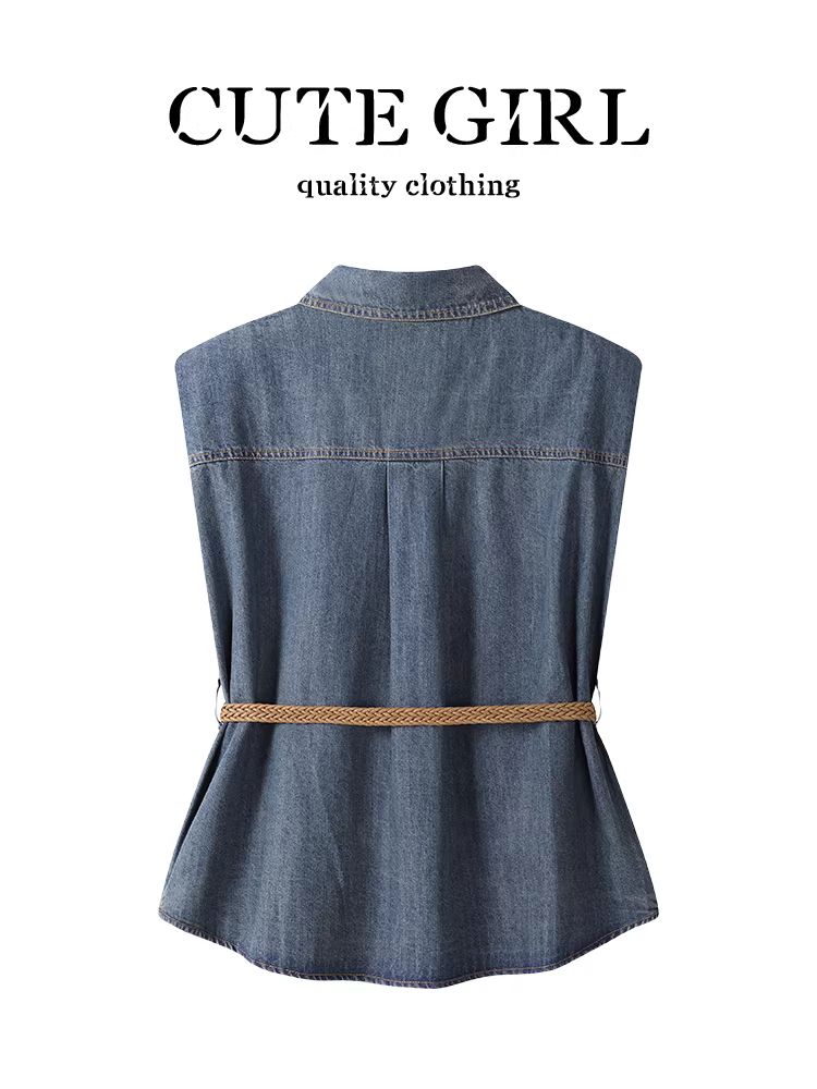 Áo vest denim không tay kiểu Hàn Quốc thanh lịch kiểu Hàn Quốc dành cho nữ mùa hè kiểu Hồng Kông kiểu cổ điển thắt eo