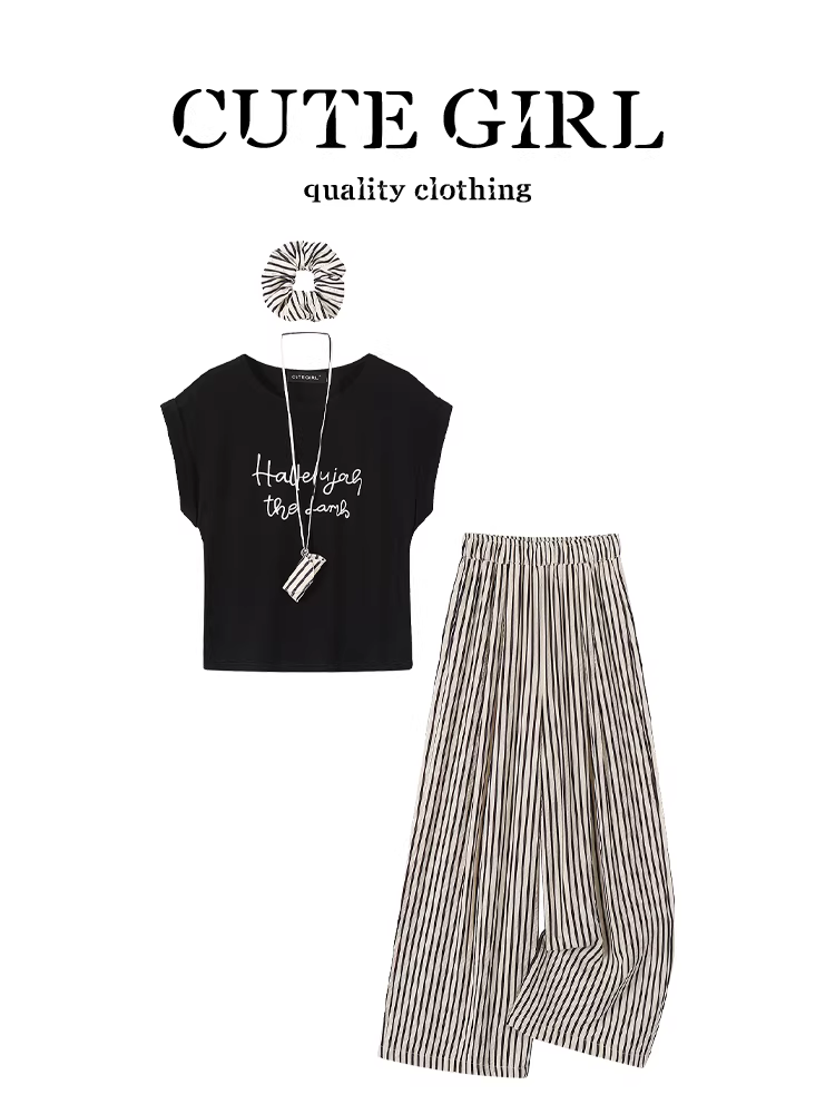 CuteGirl phong cách Hàn Quốc in chữ áo vest đen ngắn tay áo thun nữ mùa hè sọc quần thường ngày bộ hai món