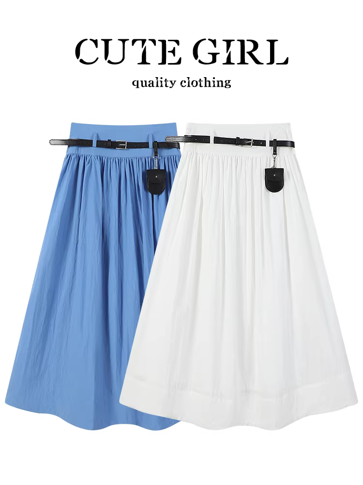 CuteGirl Váy trắng sang trọng phong cách Hàn Quốc có túi thắt lưng dành cho nữ, váy dài che hông đa năng thanh lịch mùa hè dành cho nữ