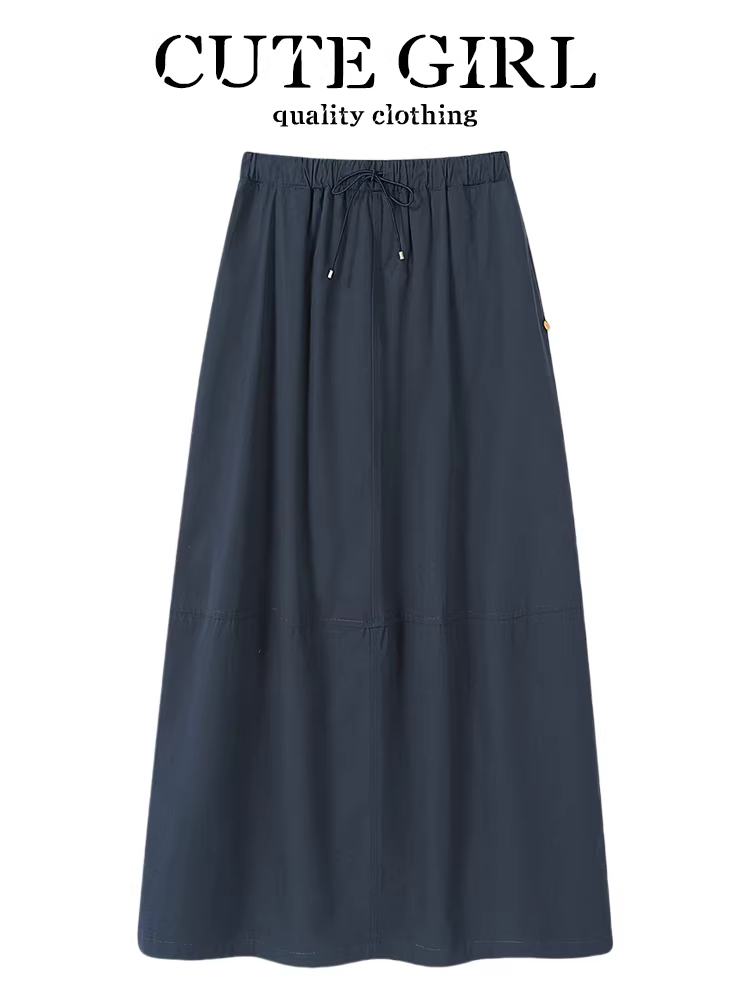 CuteGirl Váy công sở có dây rút lưng cao phong cách Hàn Quốc dành cho nữ, váy dài dáng rộng lưng thun mùa hè