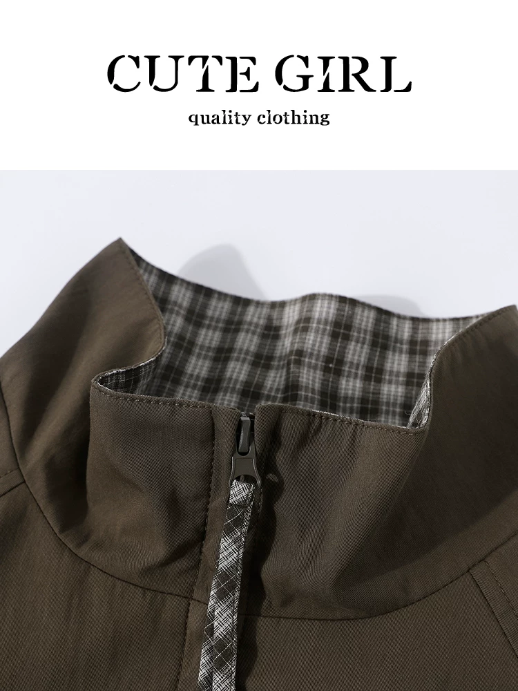 Áo khoác trench coat kiểu dáng cổ đứng màu cà phê, phong cách retro Mỹ, dành cho nữ, kiểu dáng mùa thu, phong cách tiền cổ điển, áo khoác thường ngày.