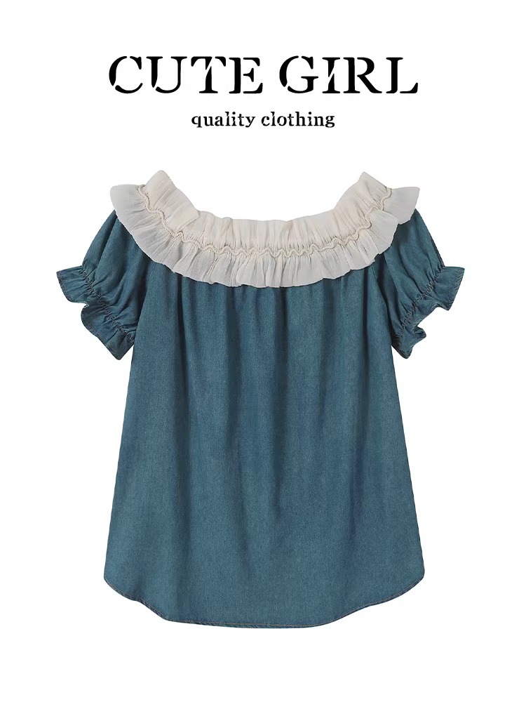 Áo sơ mi denim ngắn tay ren xếp nếp phong cách Pháp dễ thương dành cho nữ, áo trễ vai tay phồng mùa hè