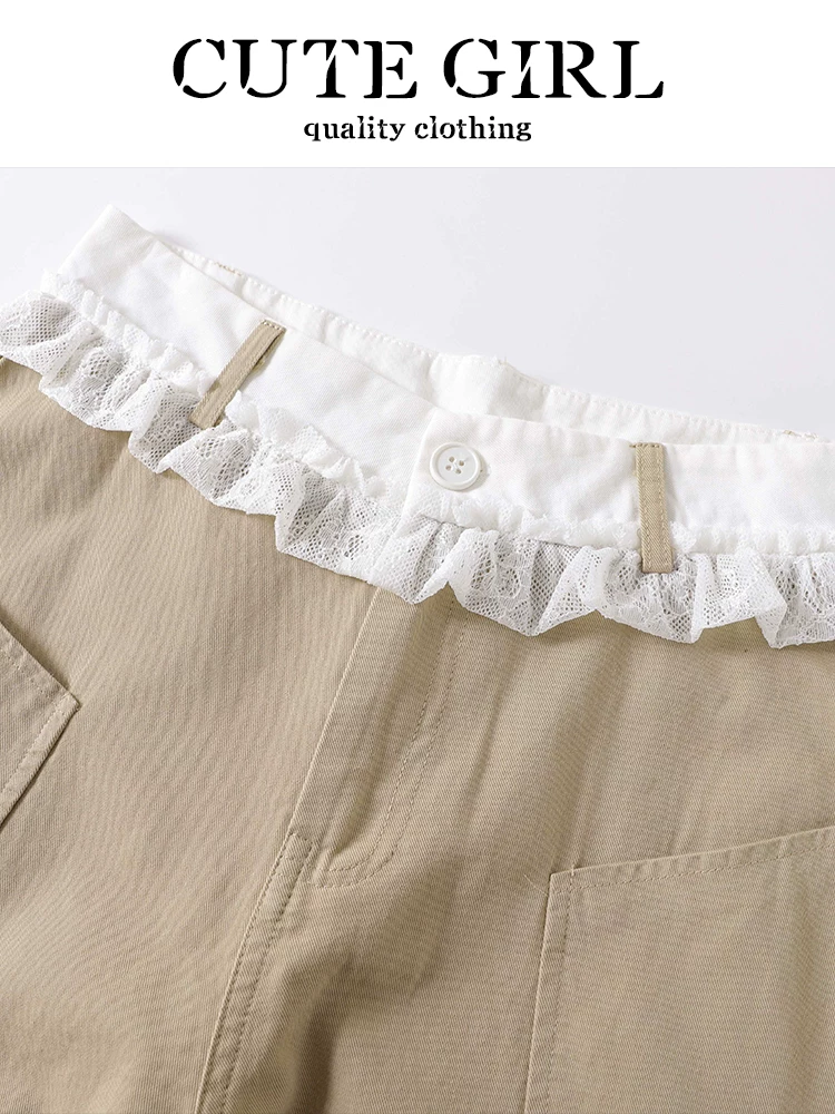 Quần kaki phối ren phong cách retro của CuteGirl dành cho nữ, quần ống rộng đa năng dáng rộng mùa xuân hè