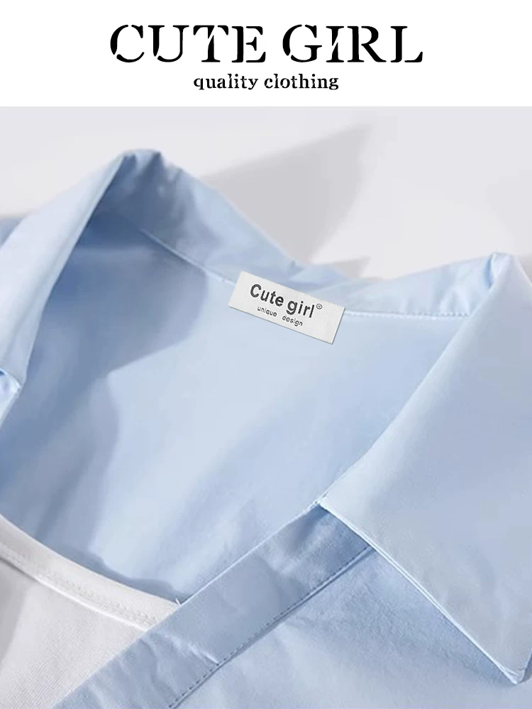 Áo sơ mi chắp vá cổ chữ V cao cấp phong cách Pháp của CuteGirl dành cho nữ, áo sơ mi giả hai mảnh dáng suông tôn dáng mùa xuân, kiểu dáng thời thượng