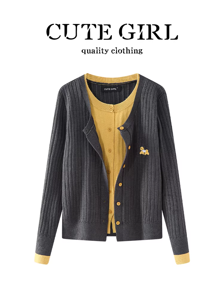 Áo len dệt kim cổ tròn hai mảnh lấy cảm hứng từ thiết kế CuteGirl dành cho nữ, phong cách mùa đông, dáng rộng, đa năng, áo len giảm tuổi tác.