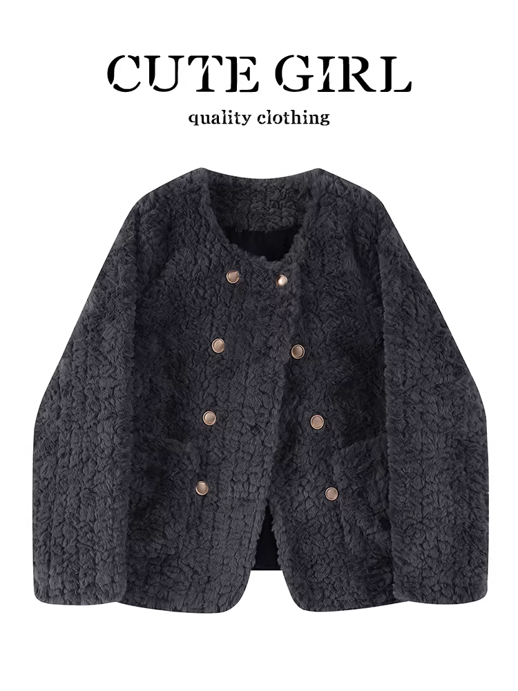 Áo khoác len cừu màu xám cổ điển của CuteGirl dành cho nữ, thiết kế mùa thu đông, dáng rộng và đa năng, áo khoác dày