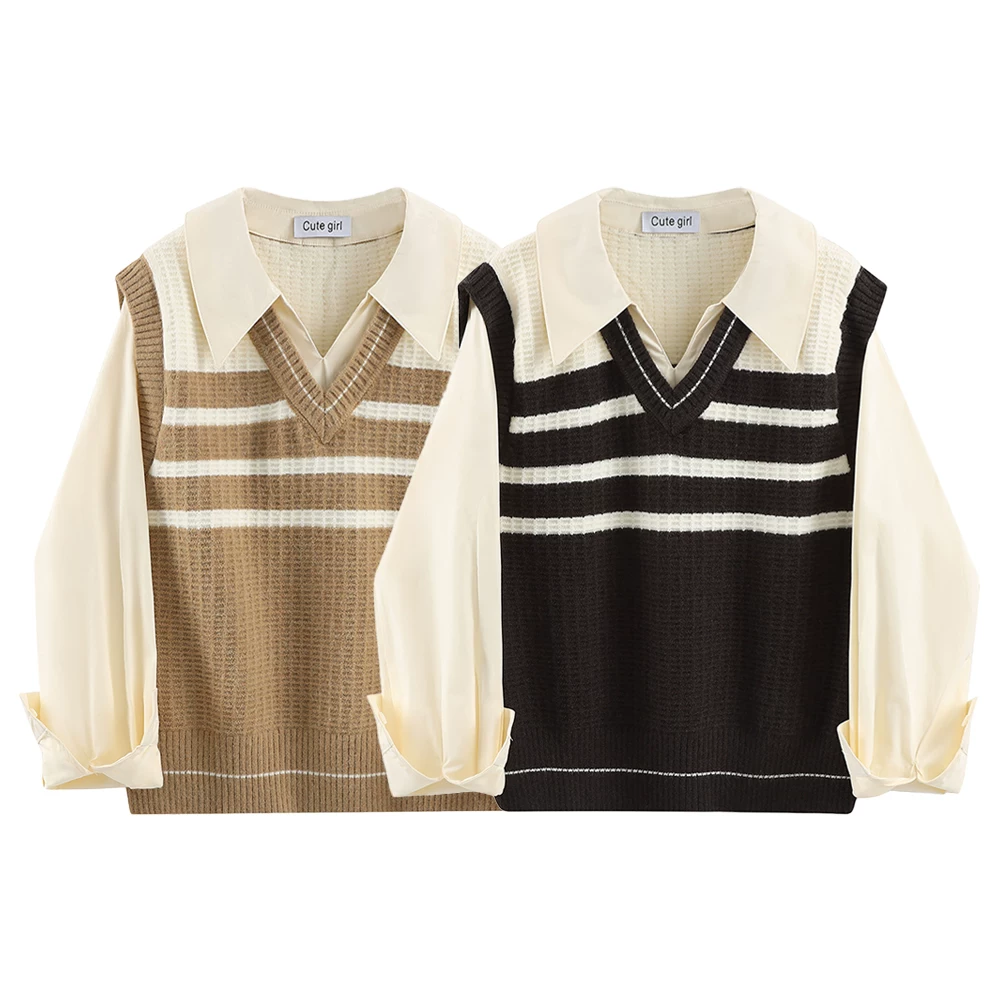 Áo đẹp và được yêu thích của CuteGirl năm nay, áo sơ mi giả hai mảnh kiểu vest dài tay mới năm 2025 dành cho nữ, thích hợp cho mùa xuân và mùa thu.