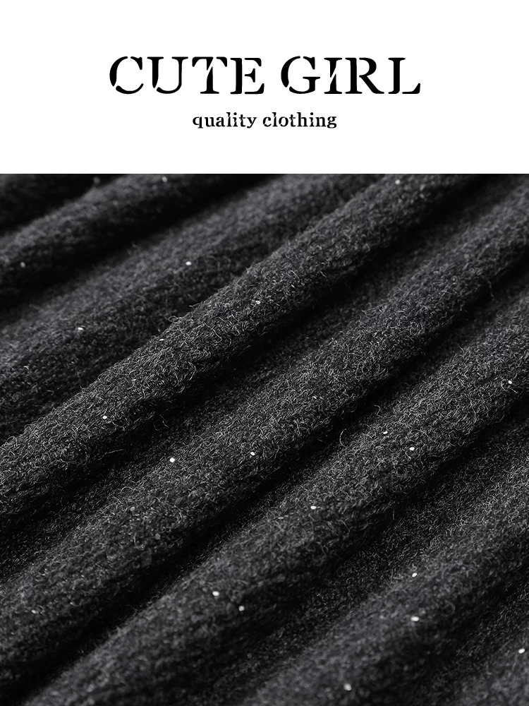CuteGirl Váy xếp ly sequin mịn màu xám đậm phong cách Hàn Quốc dành cho nữ, váy đa năng cạp cao phong cách preppy mùa đông