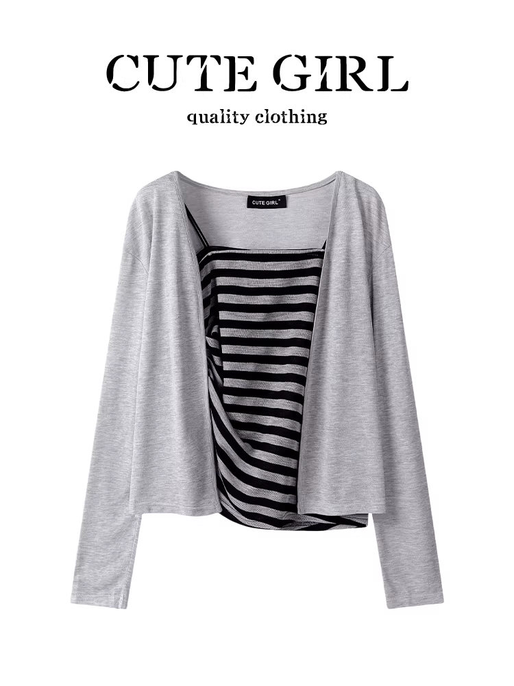CuteGirl Bộ hai món áo hai dây sọc xếp ly cổ điển kiểu Hàn Quốc dành cho nữ mùa hè màu xám chống nắng
