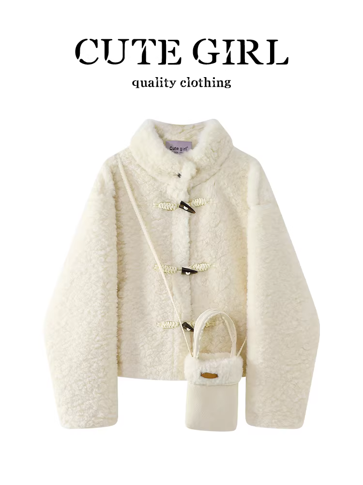 Áo khoác ngoài có cổ đứng cổ điển kiểu cổ điển có nút hình sừng Áo khoác ngoài có lông thú mùa đông dành cho nữ thường ngày rộng rãi và đa năng Áo khoác lót lông cừu ấm áp