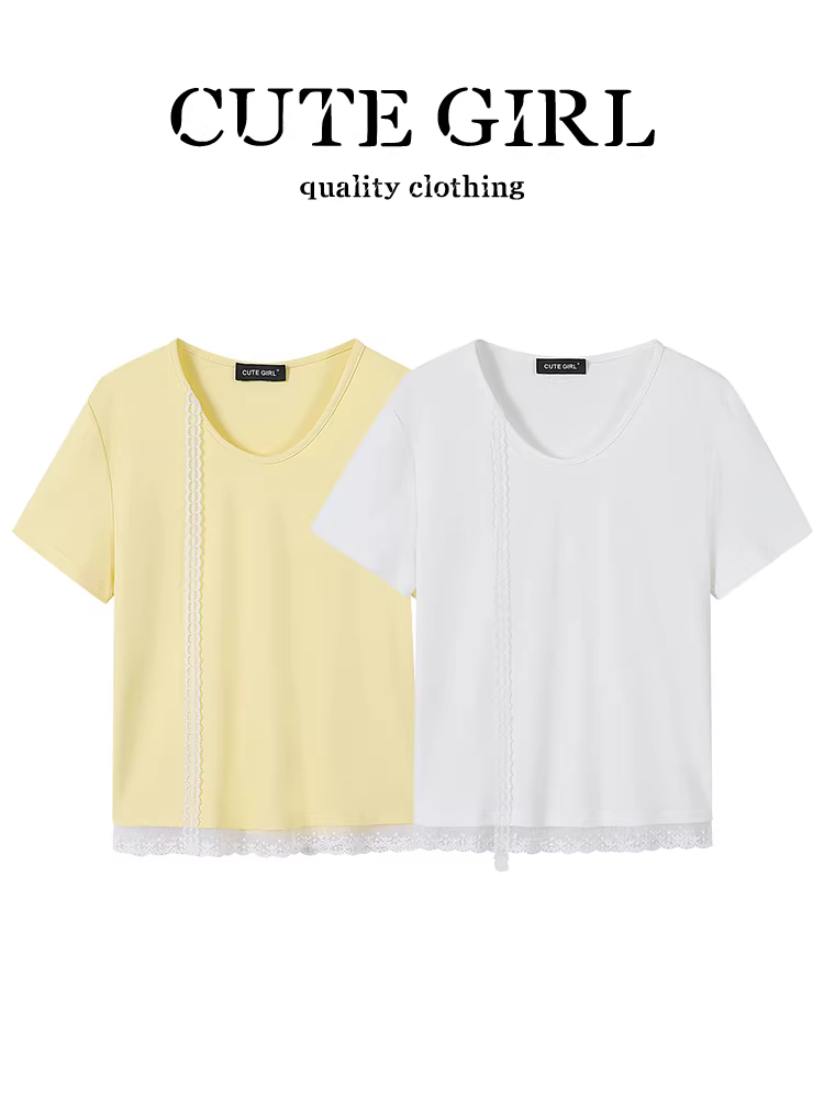 Áo thun ngắn tay phối ren kiểu Hàn Quốc dễ thương, ngọt ngào và trẻ trung dành cho nữ, áo trắng thanh lịch và xinh đẹp mùa hè