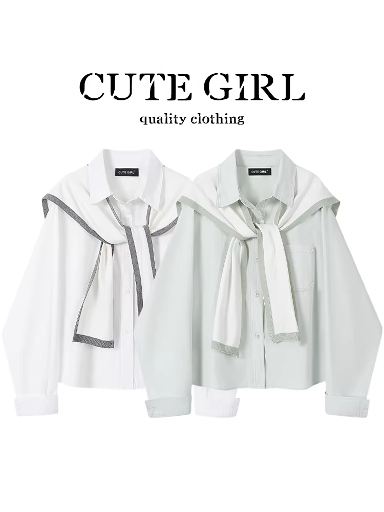 Bộ áo sơ mi phong cách preppy nhỏ nhắn dễ thương dành cho nữ, bộ hai mảnh khăn choàng dệt kim phối màu độc đáo mùa xuân