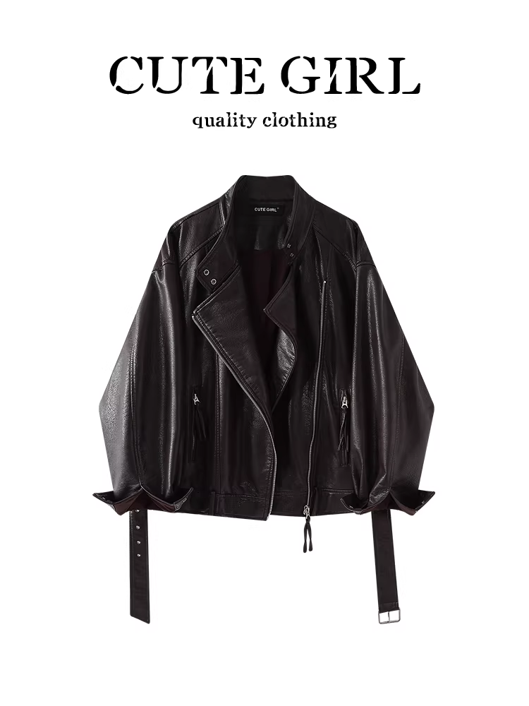 Áo khoác da pu cổ đứng màu đen cổ điển của CuteGirl dành cho nữ vào mùa thu, áo khoác cao cấp, rộng rãi, giản dị và đa năng