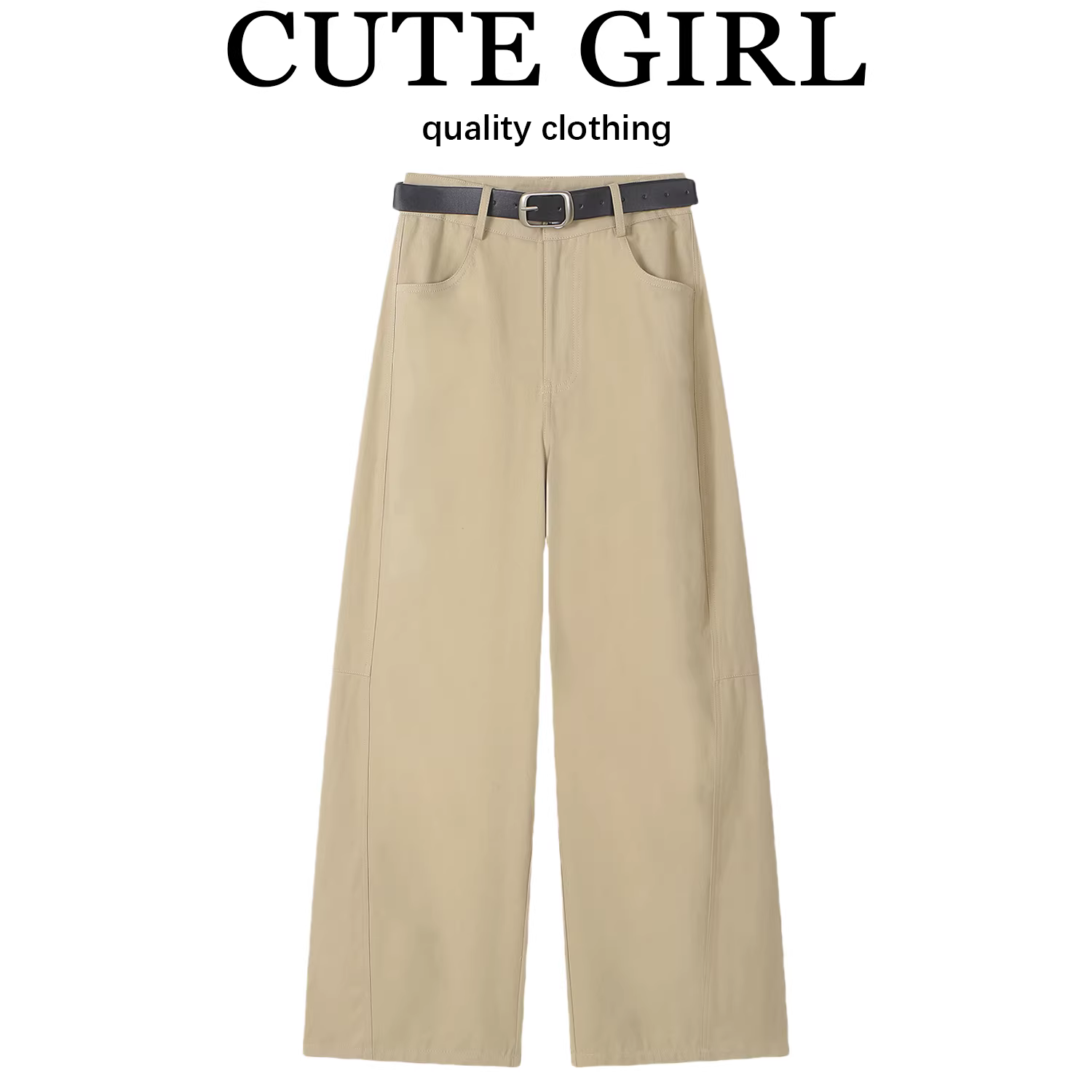 Quần tây ống rộng kiểu dáng cổ điển màu kaki của CuteGirl dành cho nữ, quần dài dáng rộng cạp cao giảm béo mùa thu đông