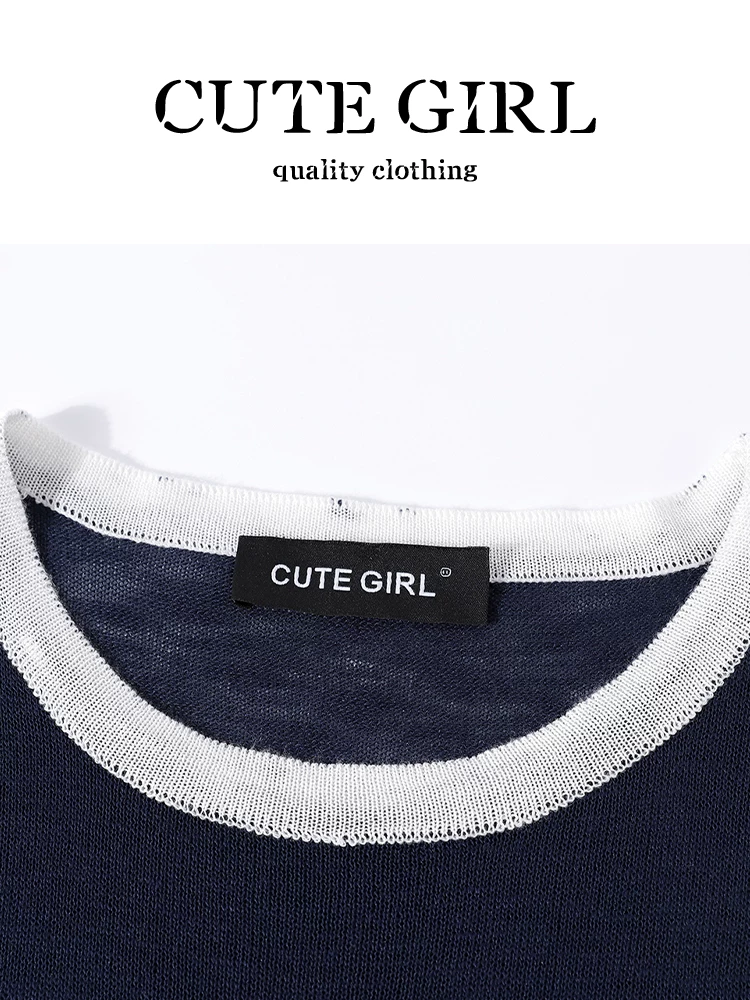 CuteGirl Thiết kế Hàn Quốc màu sắc tương phản cổ tròn tay áo nhỏ xòe màu xanh áo thun ngắn tay dành cho nữ mùa hè dáng rộng dáng rộng giảm béo