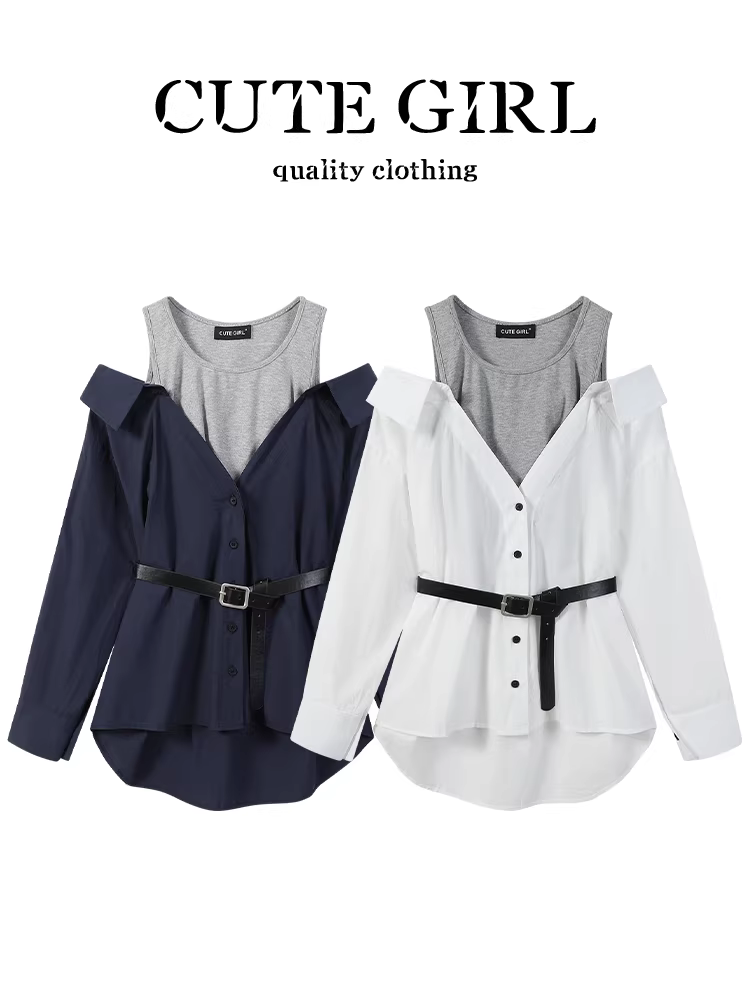 Áo sơ mi giả hai mảnh màu trắng phong cách Pháp của CuteGirl dành cho nữ, áo kiểu trễ vai dáng rộng cao cấp mùa thu