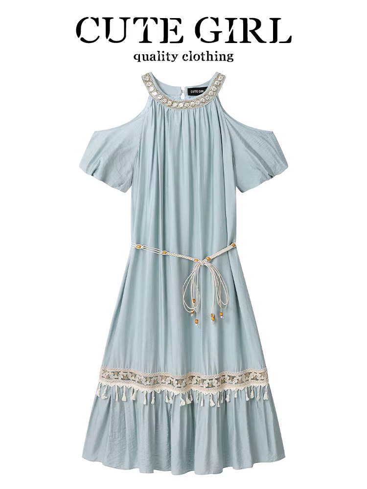 CuteGirl phong cách nghỉ dưỡng kiểu Pháp váy trễ vai màu xanh lam váy dài có dây buộc eo tua rua mùa hè dành cho nữ