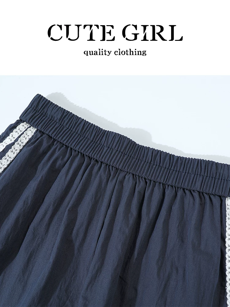 Quần short lưng thun sọc ngang phong cách Mỹ dành cho nữ, thiết kế mùa hè, lưng cao, giảm béo, quần ống rộng đa năng