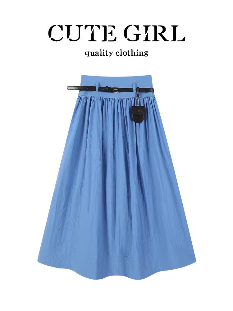 CuteGirl Váy cạp cao màu xanh cao cấp phong cách Hàn Quốc dành cho nữ, váy chữ A che hông mùa hè có túi thắt lưng.