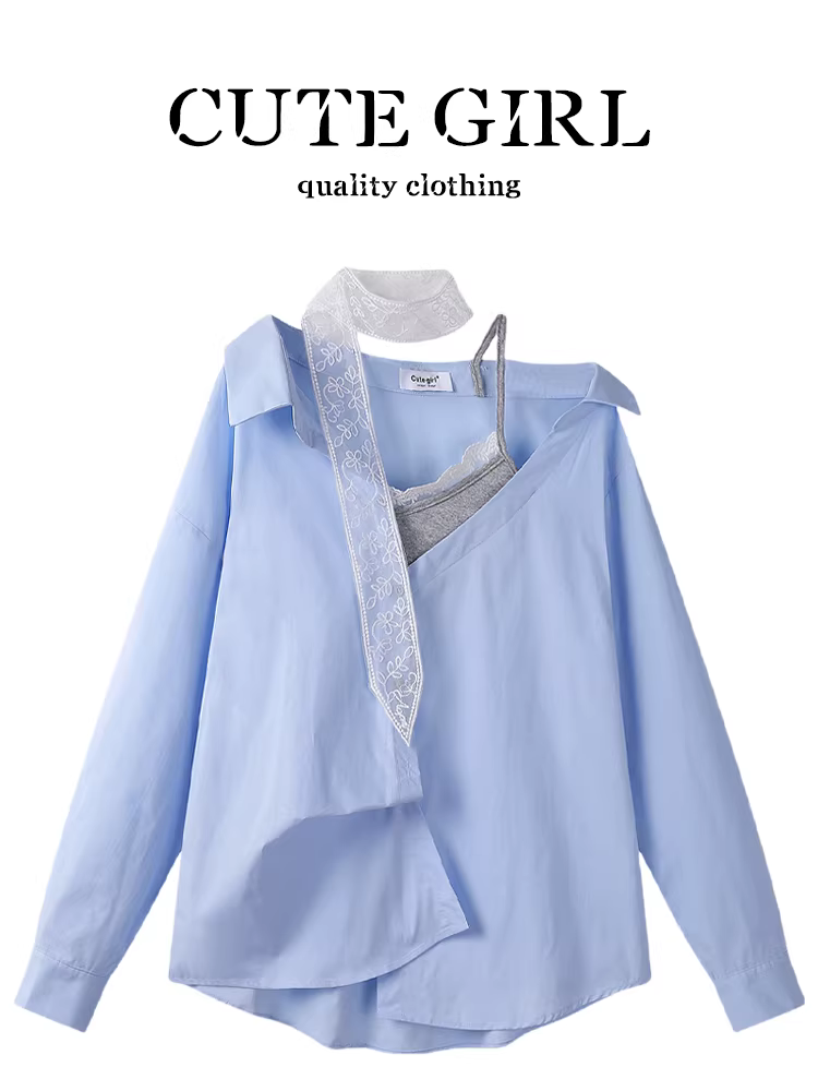 Áo sơ mi thiết kế theo phong cách Hàn Quốc của CuteGirl có phối ren, áo sơ mi mùa xuân giả hai mảnh lệch vai gợi cảm
