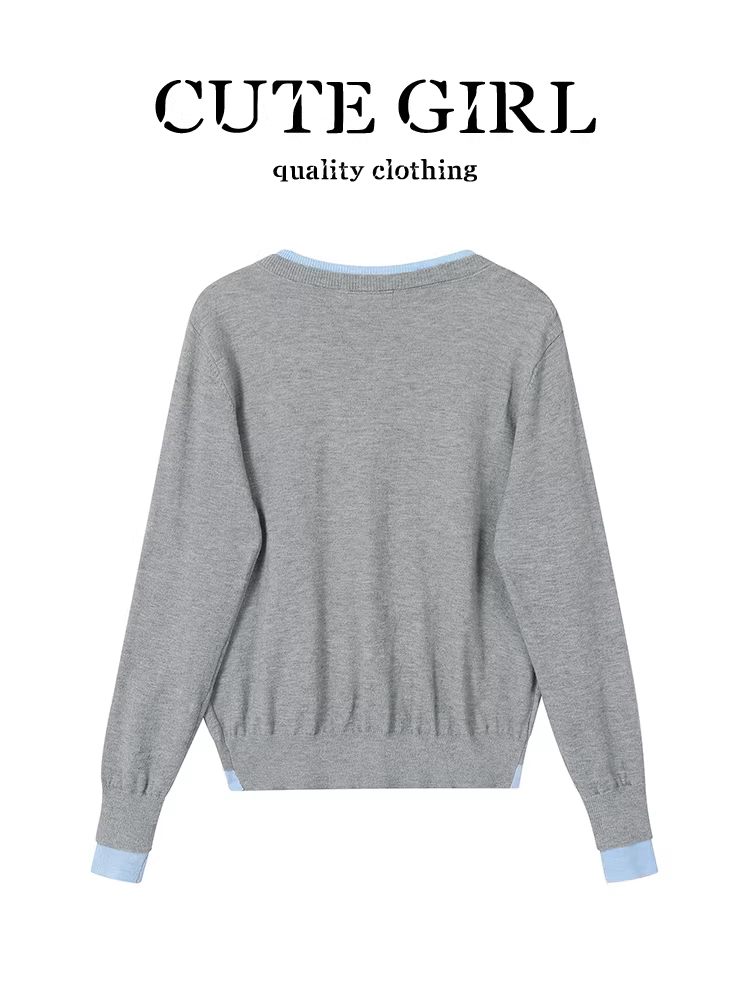 Áo len dệt kim cổ tròn phối màu cổ điển Hàn Quốc CuteGirl dành cho nữ, mùa thu đông, áo len thanh lịch, dáng rộng, giản dị, đa năng
