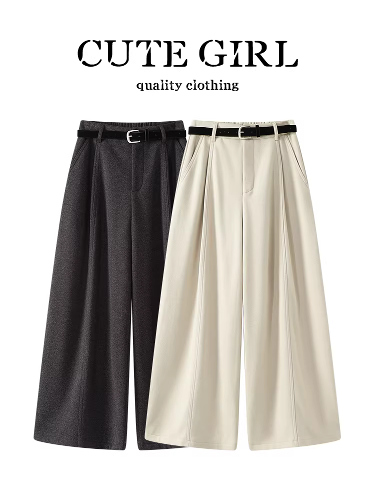 Quần ống rộng bằng len màu mơ lấy cảm hứng từ thiết kế CuteGirl dành cho nữ, mùa thu đông, đa năng, giảm béo, quần ống đứng lót lông cừu.