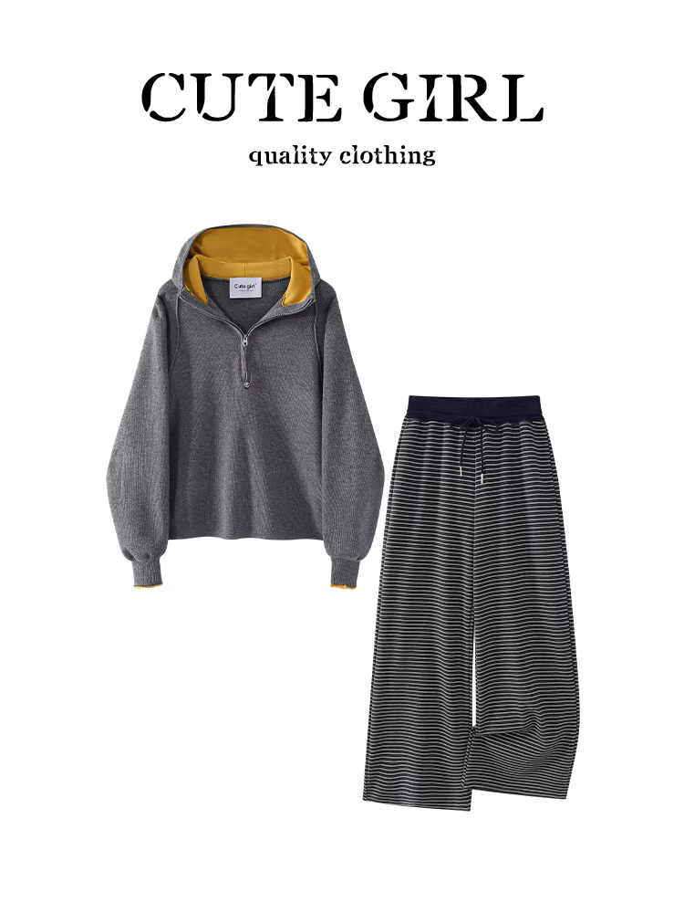Bộ trang phục đầu thu phong cách Hàn Quốc của CuteGirl, một bộ hoàn chỉnh gồm áo nỉ có mũ màu xám và quần ống rộng dành cho nữ, bộ hai mảnh với phong cách thanh lịch.
