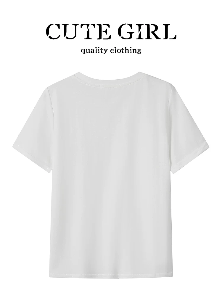 Áo thun trắng ngắn tay thêu chữ giảm tuổi phong cách Hàn Quốc dễ thương dành cho nữ, trang phục ootd mùa hè, áo cổ tròn